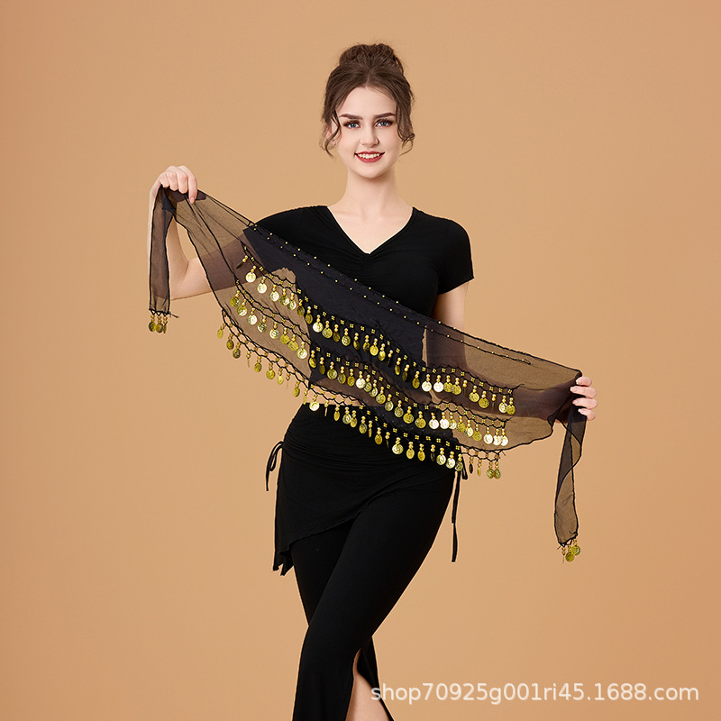 98 Coins New Chiffon Belly Dance Waist Chain Hip Scarf Dance Accessories Three-Layer Wave Belt Performance Waist Belt Waist Scarf