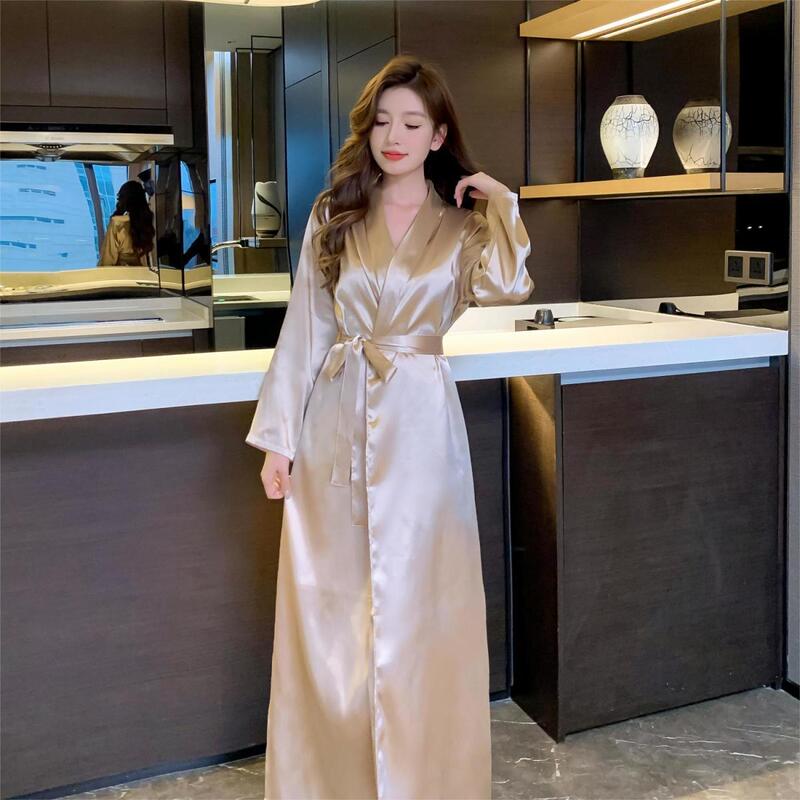 Ice Silk Pajamas for Women in Spring, Summer, Autumn and Winter, Extra Long Nightgown Skirt to Ankle, Home Wear, New Bridesmaid Group Dressing Gown