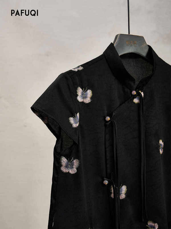 新しい中国風の黒蝶刺繍半袖シャツライトナショナルスタイルの女性のシャツ夏の多用途トップ|undefined