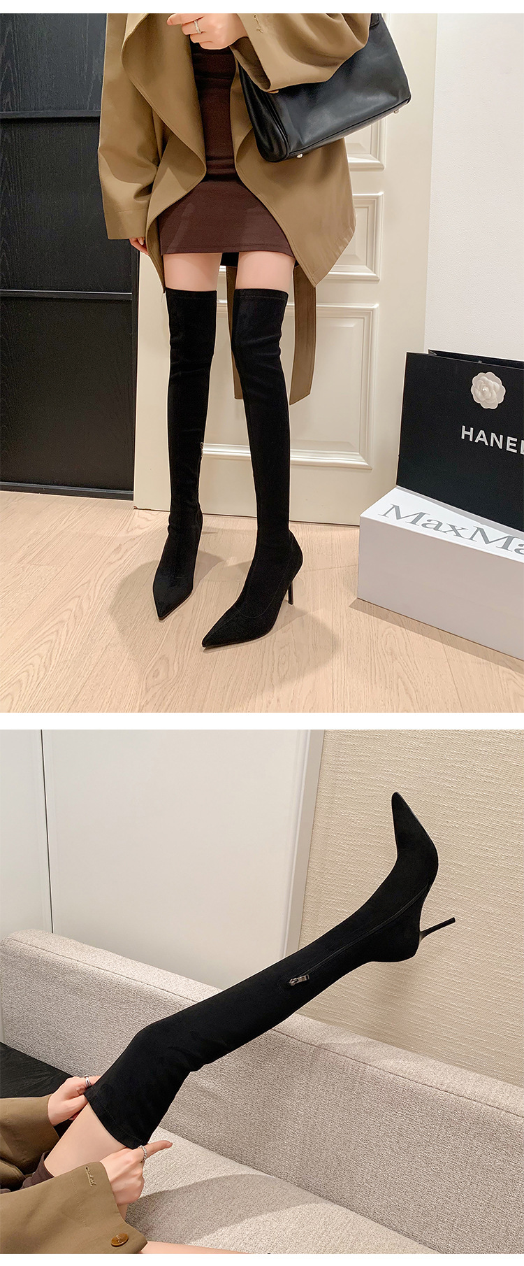 Boot nữ cổ cao ôm chân mũi nhọn gót siêu cao da lộn Thu Đông 2025 — Lớp lót đơn kaki ống cao, Lớp lót nhung kaki ống cao, Lớp lót nhung đen ống cao, Lớp lót nhung kaki trên đầu gối chi tiết 18