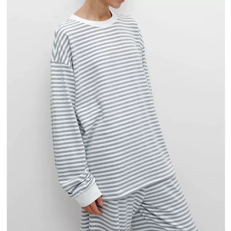 秋冬新品 浅花灰条纹宽松T恤 落肩袖设计男女同款2025秋季新款时