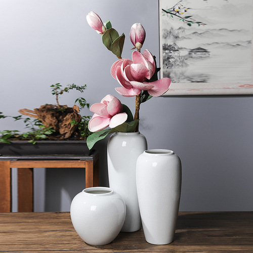 Jingdezhen ceramic vase with high-end appearance, white vase, home furnishings and decorations, three-piece set, modern and simple