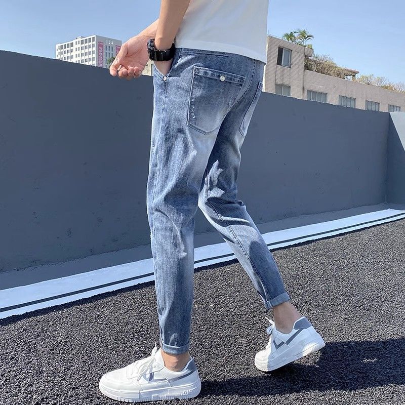 2024 Summer Cropped Jeans Men's Slim-fit Tapered Stretch Korean-style Teenagers Light Color Cropped Men's Pants 2024 Summer Cropped Jeans Men's Slim-fit Tapered Stretch Korean-style Teenagers Light Color Cropped Men's Pants