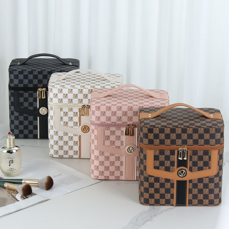 Caja de cosméticos a cuadros en forma de V transfronteriza, bolsa de almacenamiento para el cuidado de la piel portátil, caja de herramientas grande multifuncional portátil de alta gama para mujer