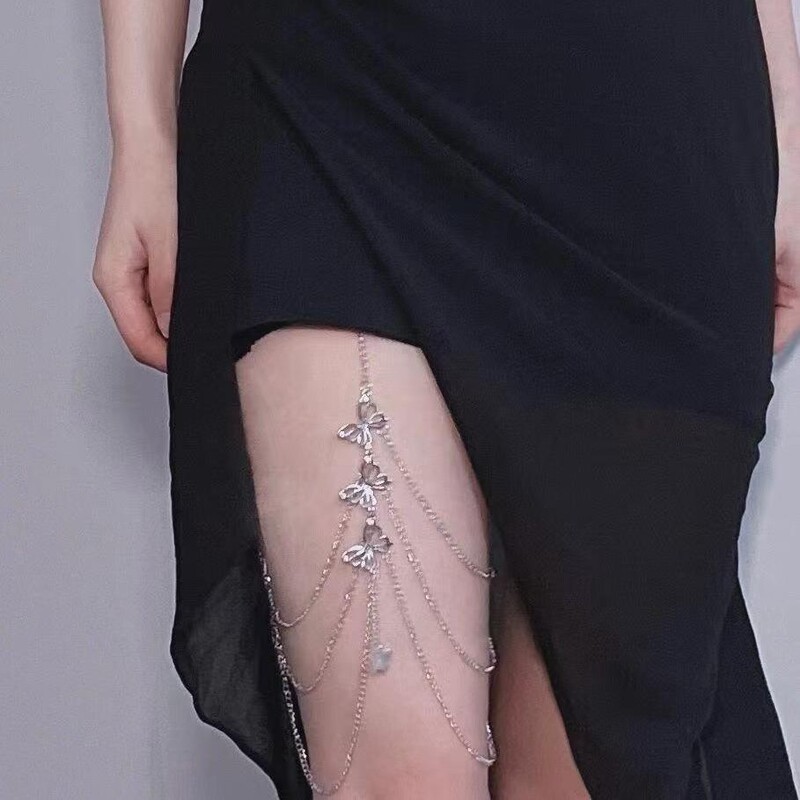 European and American cross-border hot selling exaggerated leg chain sexy personality elastic rope lace multi-layer golden butterfly body chain