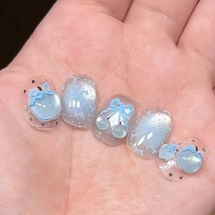 ブルーキャットアイアップルリボンウェアラブルネイルイン韓国ガールネイルアートパッチかわいいショート子供っぽい立体