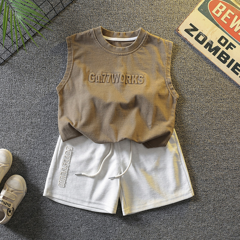 5716 traje de verano para niños 2024 verano nuevo chaleco de moda para niños bebé estilo occidental frita traje de dos piezas de la calle