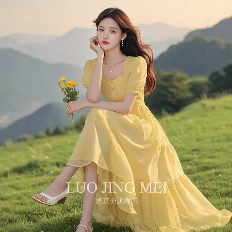 Fl240818 Unique and Super Nice Yellow Puff Sleeve Dress for Women, Summer Elegant and Gentle Style Long Skirt
