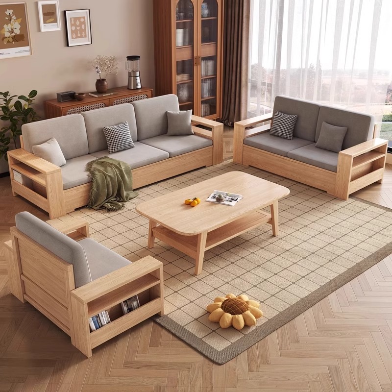 Sofá de madera sólida nórdica sofá de tela de madera de cera blanca simple sala de estar doméstica de madera de madera de tres filas