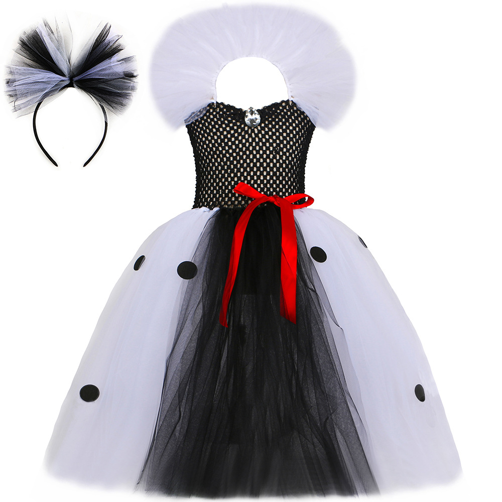 Ropa para niños Ropa para niñas 101 perro fiel Cruella Vestido para niños Vestido Cruella Perro manchado Falda de tul de malla_voghion.com