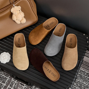 Cowhide Velvet Bocken Shoes Genuine Leather Row Style Soft-faced Lazy Slip-on Women's Thick-soled Bocken Women's Shoes Half Slippers Autumn