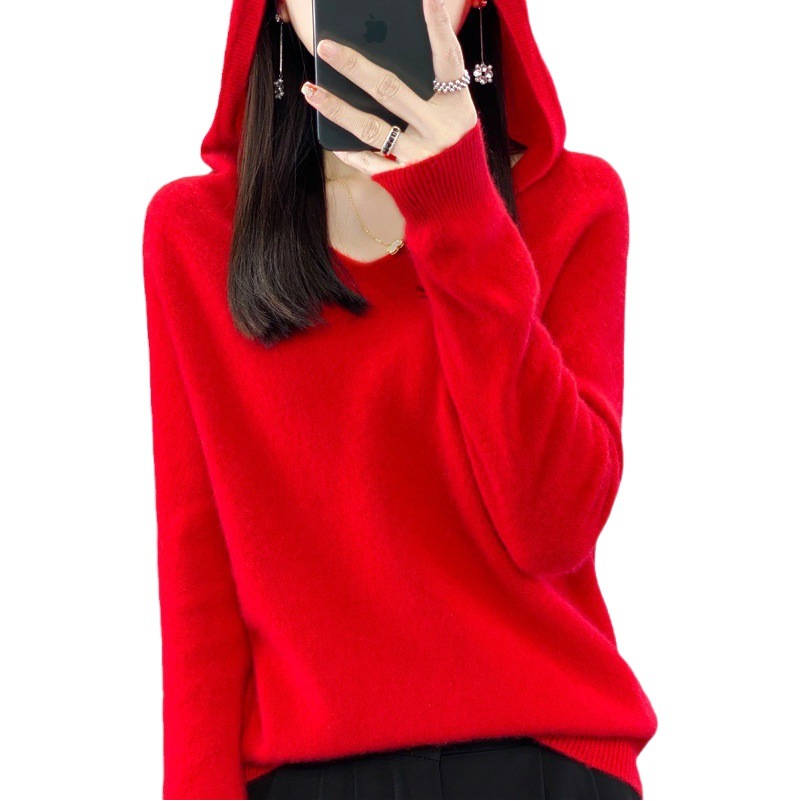 Seamless 100% woolen sweater women's first-line ready-to-wear new hoodie knitted hooded sweater loose bottoming sweater outer wear