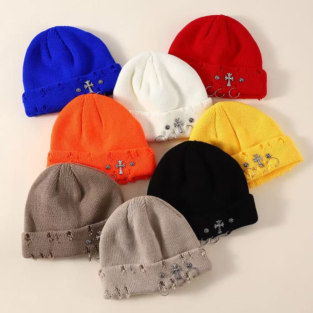 Cross-Border Hot-Selling Autumn and Winter Chic Handsome Ripped Woolen Hats Adult Hats Men's and Women's Hats Punk Hats Crow Heart Cold Hats