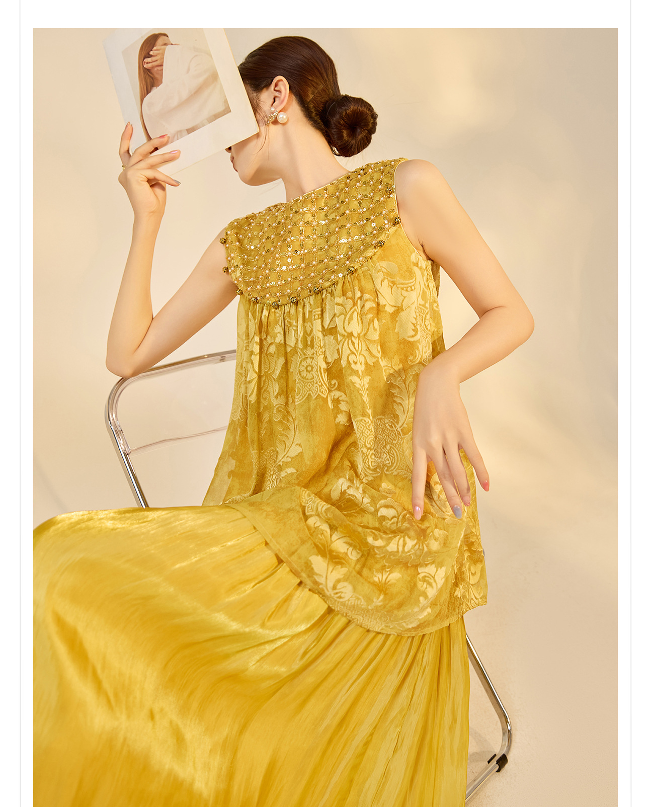 Đầm maxi nữ phong cách Trung Hoa mới, tay không, đính cườm lụa, dáng thắt eo N6041 — màu vàng, xanh lá cây chi tiết 20