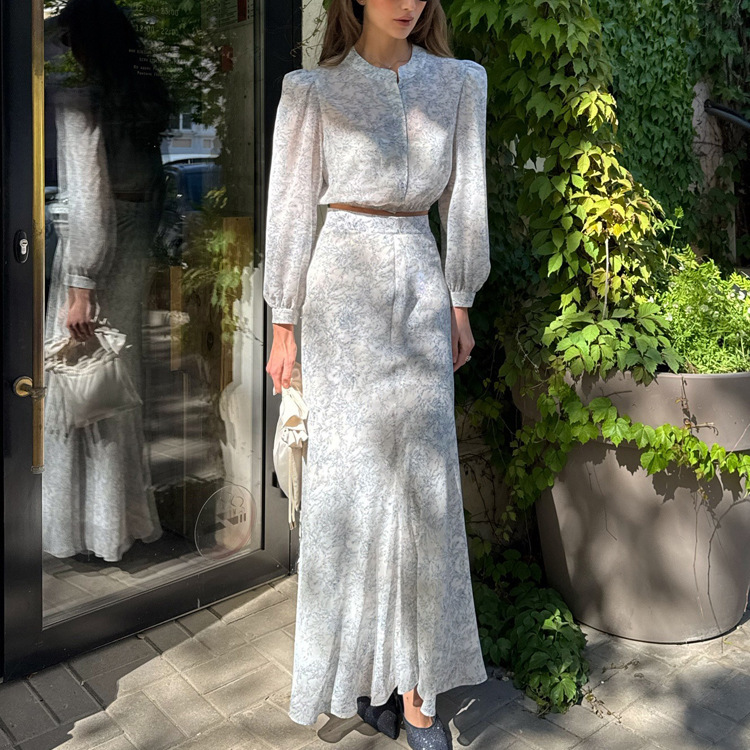 Cross-Border Women's New Printed High-Waisted Half-Length Skirt, Round Neck Long-Sleeved Top, Two-Piece Commuter Style Fashion Suit