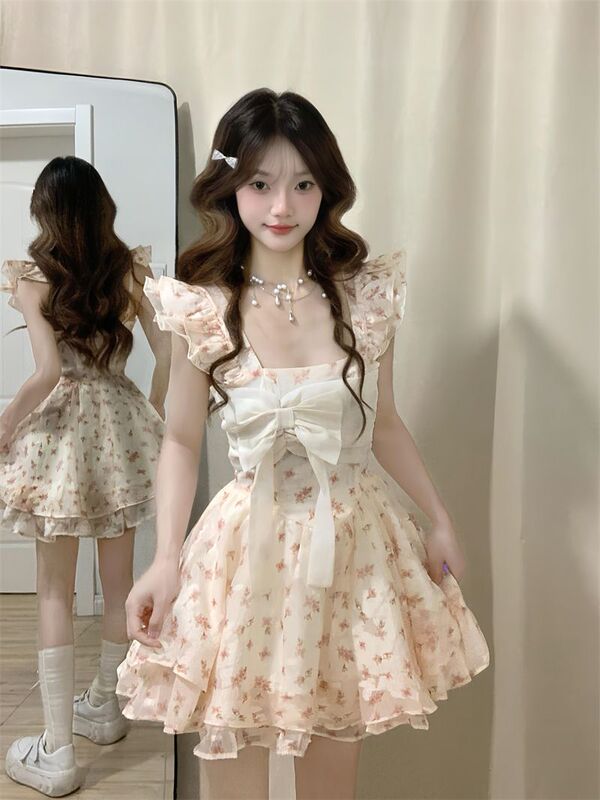 (Lower Lining) Small Fresh Floral Gauze Skirt, Sweet and Age-Reducing, Fluffy Princess Skirt for Small People, Waist Slimming Look, A-Line (Lower Lining) Small Fresh Floral Gauze Skirt, Sweet and Age-Reducing, Fluffy Princess Skirt for Small People, Waist Slimming Look, A-Line