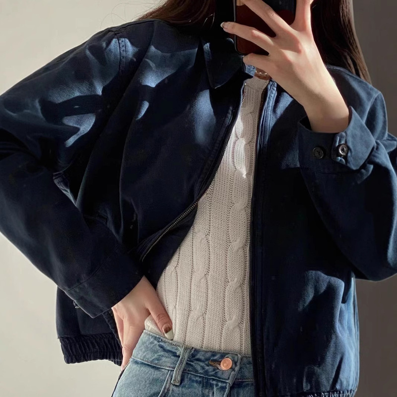 Raff War Horse Navy Blue Zipper Short Jacket Women's Spring and Autumn Casual Polo Collar Retro American Jacket Women