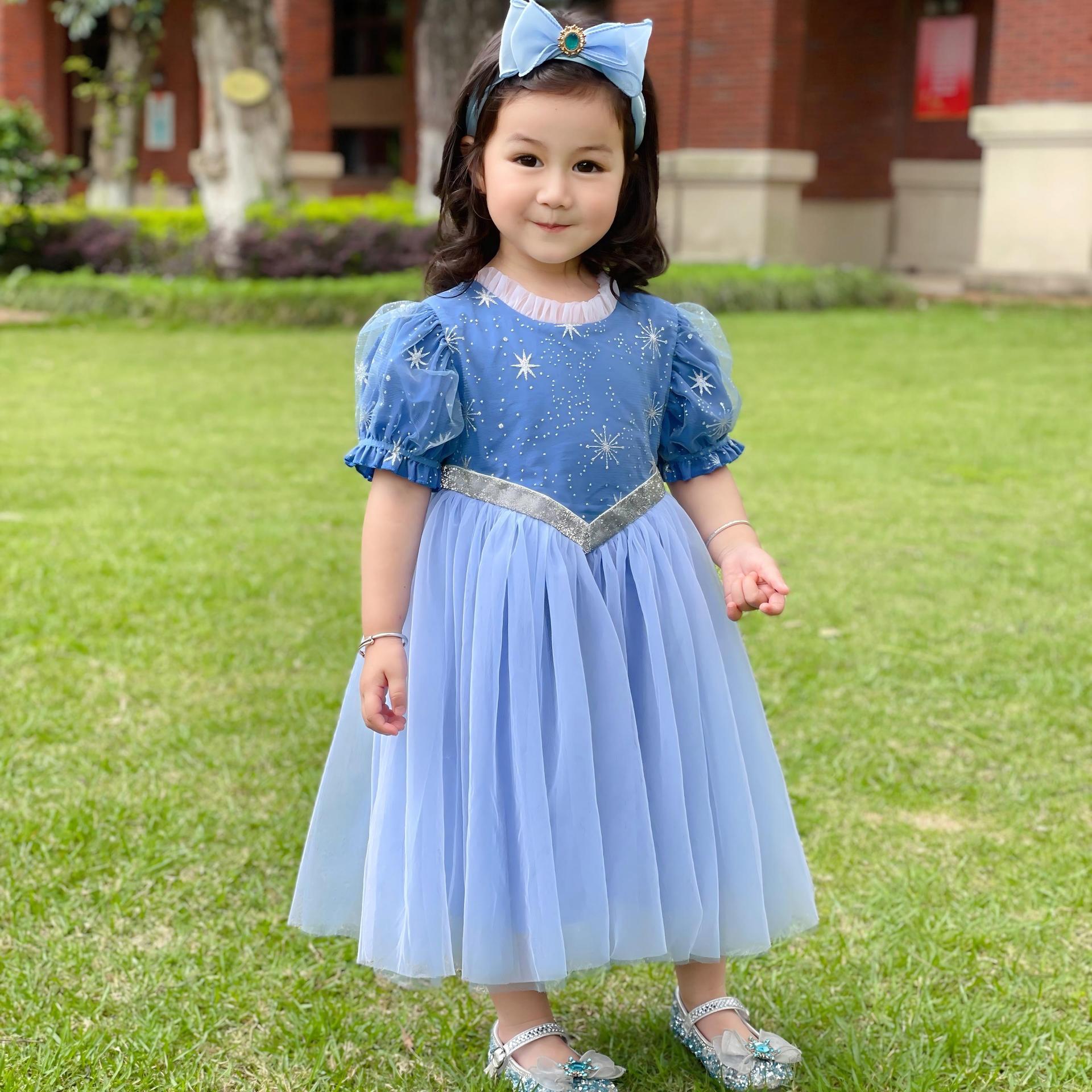 Elsa Princess Dress Blue Girls' Dress Long Sleeve Mesh Tutu Skirt Elsa Children's Dress Girls' Dress