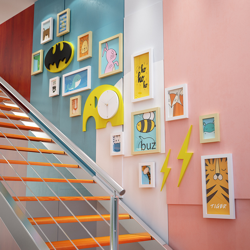 幼儿园楼梯照片墙卡通相框墙儿童装饰免打孔教室开学场景布置
