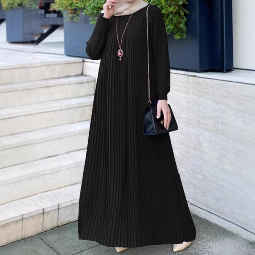 Women's Muslim Arabic temperament elegant pleated skirt solid color simple round neck long-sleeved wrinkled loose dress