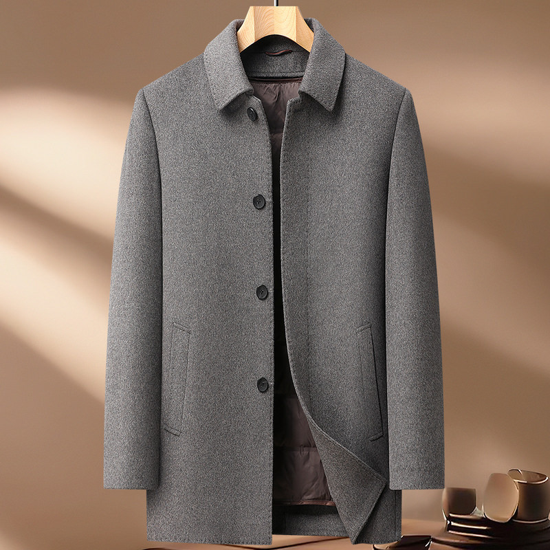 Mens Wool Jacket Thick Double Sided Fabric Stand Collar Insulated with Down Lining Autumn Winter Casual Wear