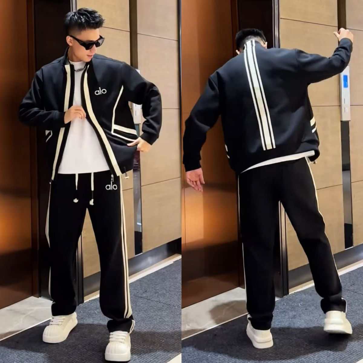 Otoño aire capa de moda letras cremallera chaqueta de cuello suelta pantalones rectos versátiles conjunto de empalme a rayas estadounidenses