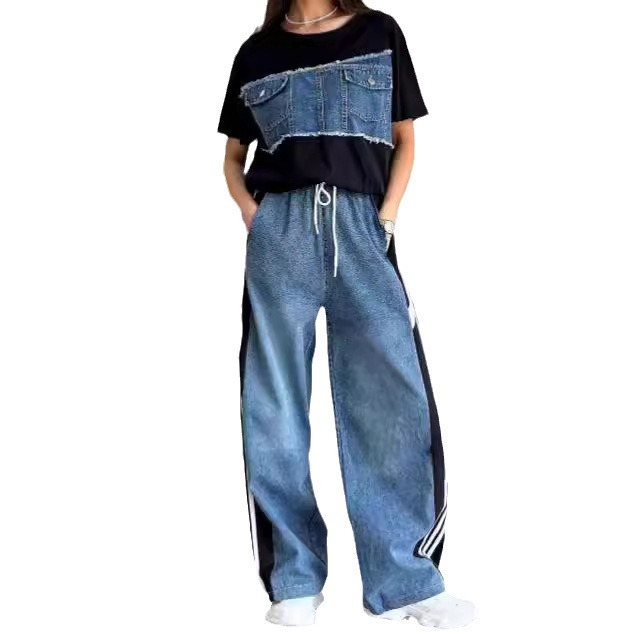 Abbigliamento da donna, maglietta in denim con cuciture, pantaloni Xiuxian, completo da due pezzi_voghion.com