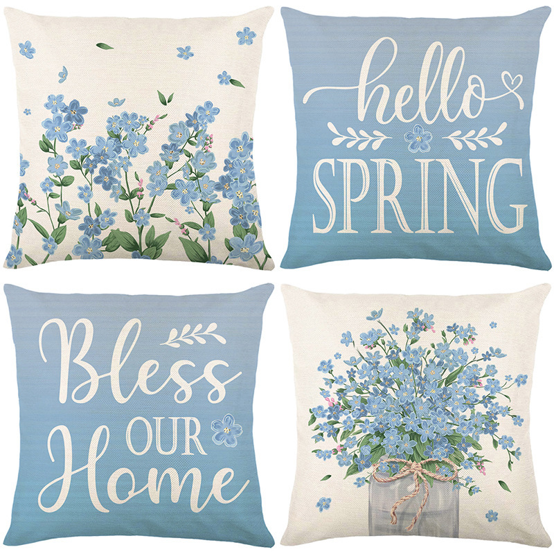 Cross Border Blue Flower Pillow Case Spring Plant Printed Linen Sofa Decorative Pillow Case Bedroom Cushion Wholesale