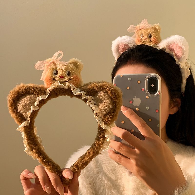 Explosions Bear Ear Wash Hair Hoop Lamb Hair Bow Headband Lolita Style Soft Girl Funny Hair Card Hair Accessories