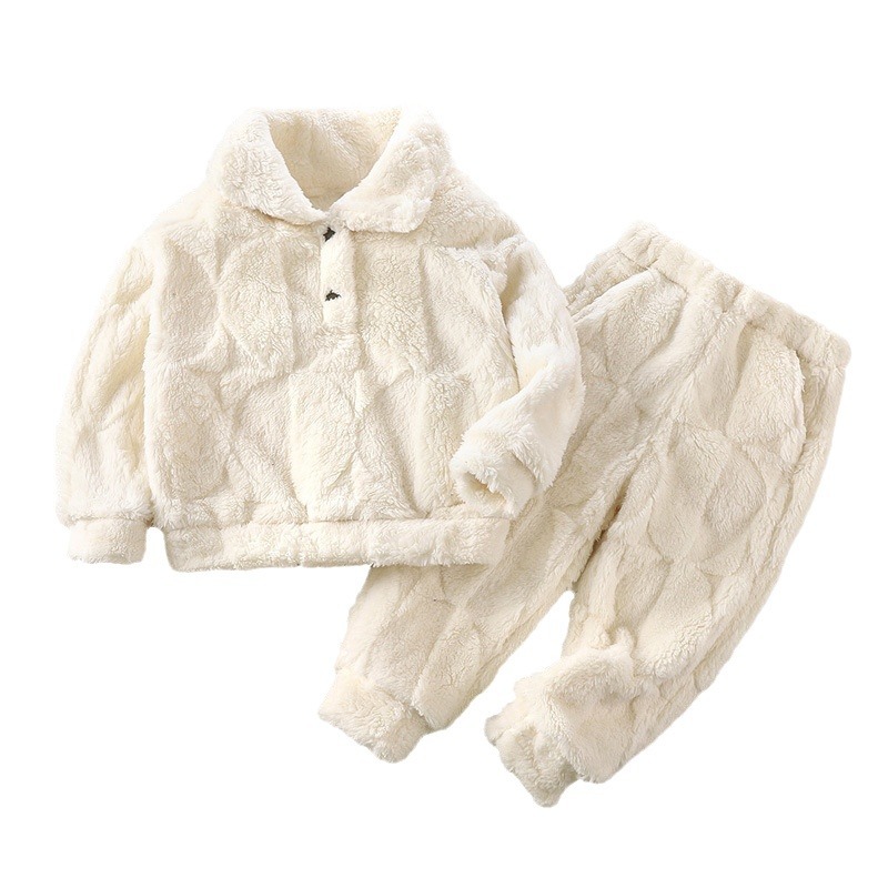 Ropa de casa para niños pijamas traje Otoño e Invierno terciopelo de algodón engrosado niños medianos y grandes niños cálidos y niñas solapa color sólido