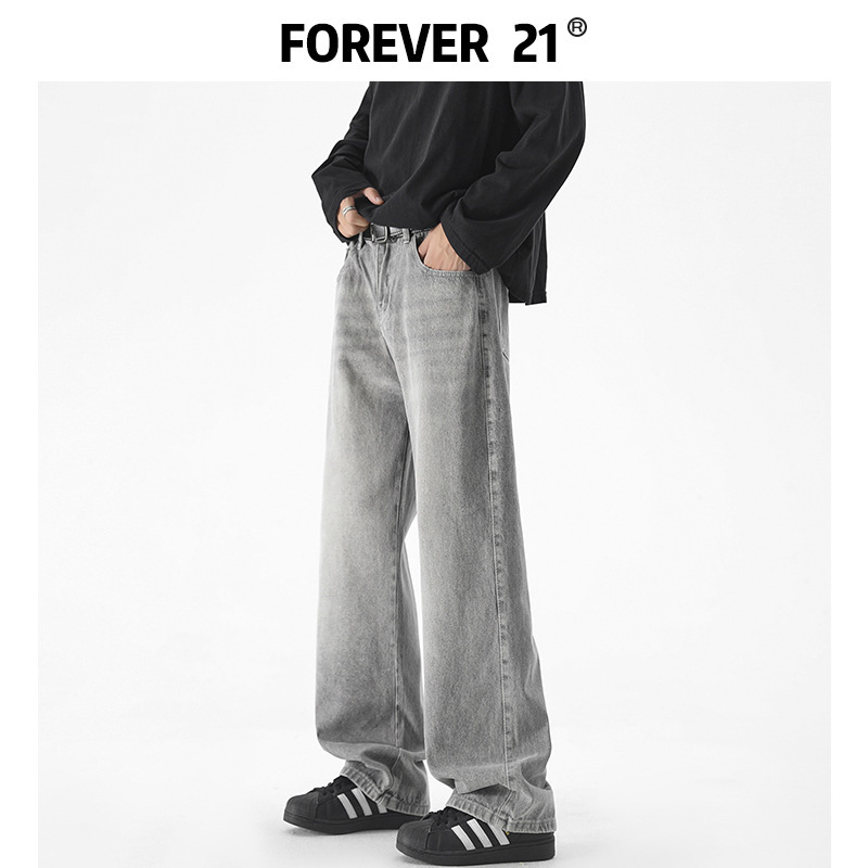 Forever 21 Men's Washed Jeans Loose Straight Pants Autumn and Winter Fashionable American Style High Street Casual Pants for Men