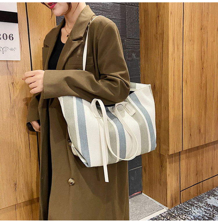 Bag Large Capacity Commuter Canvas Bag 2021 New Trendy Net Red Striped Tote Bag display picture 18