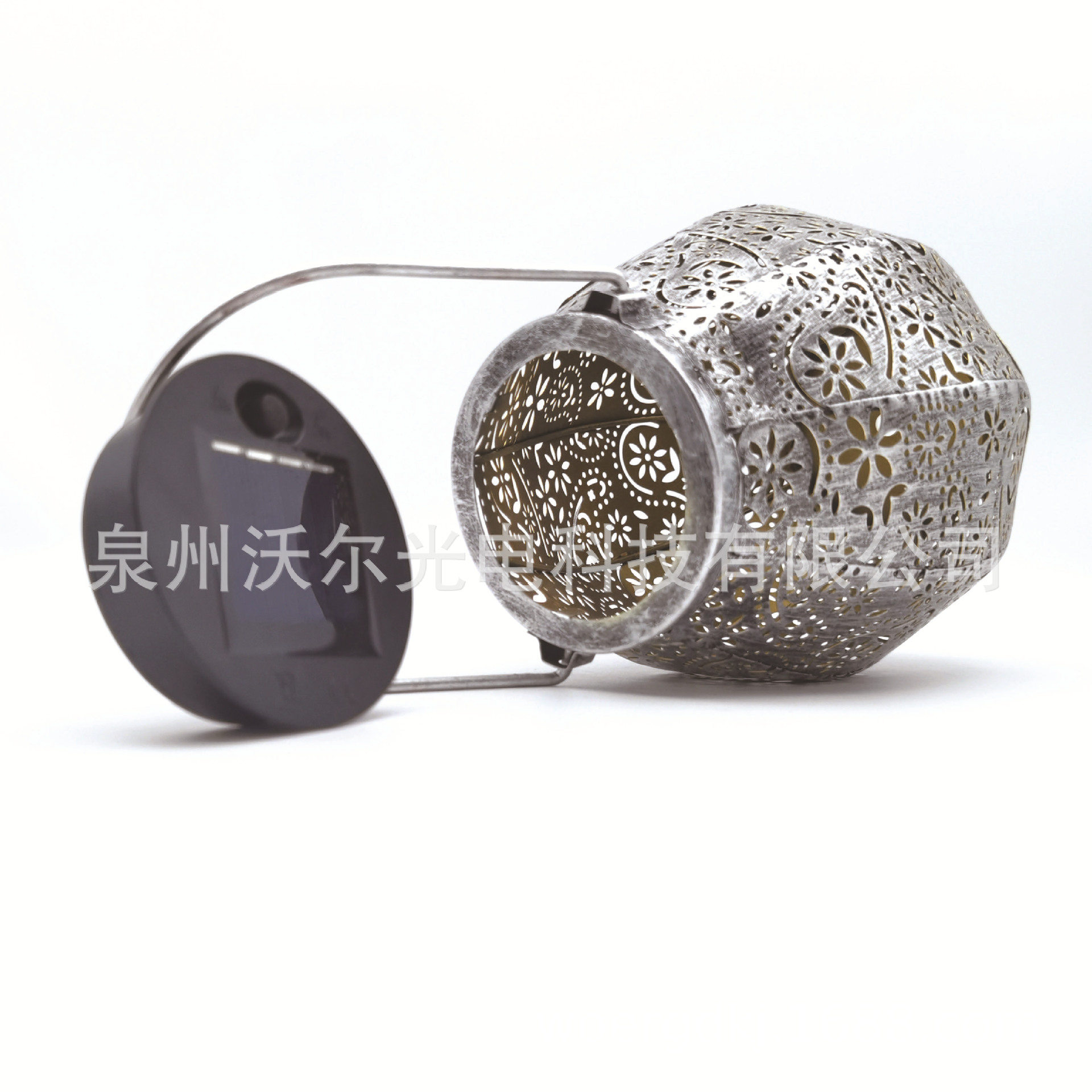 亚马逊热销花园太阳能镂空灯笼LED 银色复古庭院装饰灯草坪手提灯