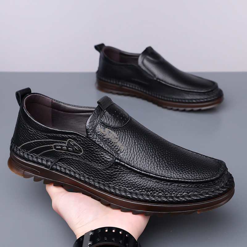 Giày lười nam da bò lớp đầu mềm, đế bằng chống trượt, form rộng cỡ lớn — Kaki, Màu trắng, Màu đen