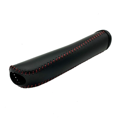 Car handbrake cover, universal model for cross-border cars, hand-stitched leather brake lever decorative protective cover, gear shift cover (Sürətlər qutusu və əl tormozu başlıqları) - black-leather-with-red-stitching