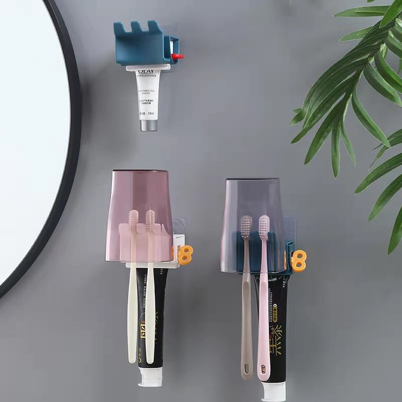 Toothpaste Dispenser, Toothbrush Cup Holder, No-drill Wall-mounted Multifunctional Toothpaste Squeezing Tool_voghion.com