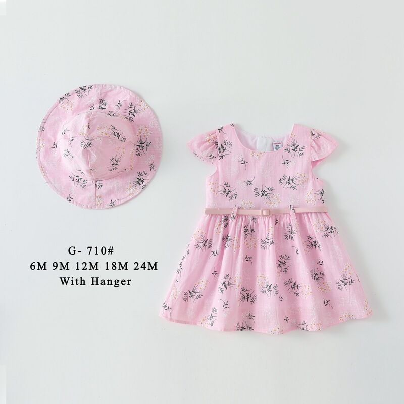 Baby Short-Sleeved Skirt + Hat 2-Piece Set 6m-24m Baby One-Piece Dress Summer Skirt Girls Belt Skirt G708