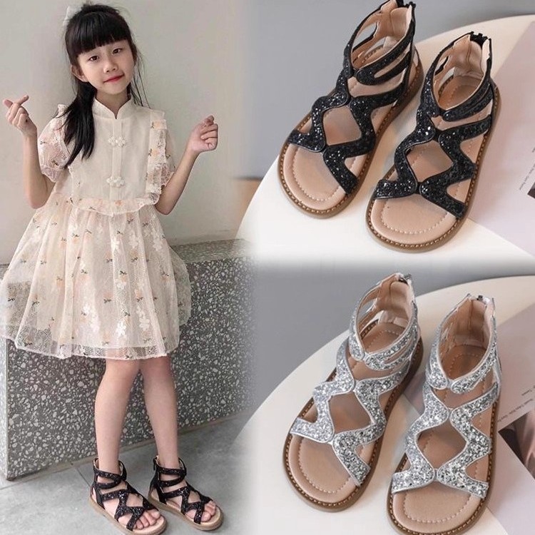 女童罗马鞋夏季新款亮片带钻小女孩高帮凉鞋软底沙滩鞋2025公主鞋