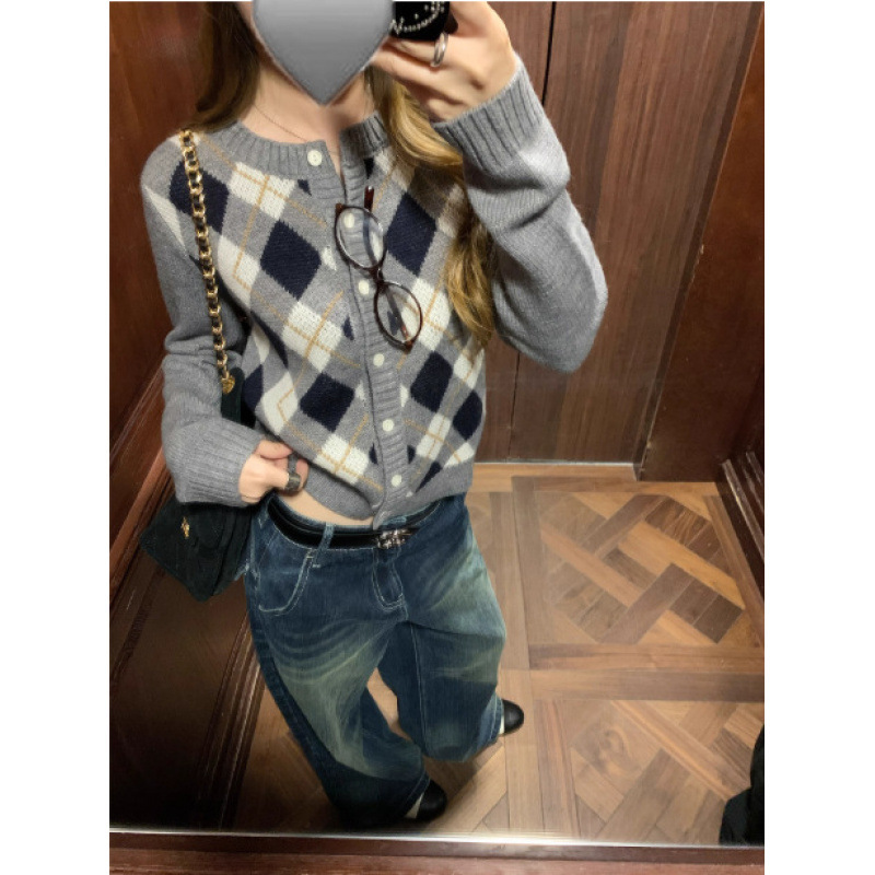 YS High-End P Brand Vintage Plaid Round Neck Knit Cardigan for Women, Autumn Korean Style Slimming Versatile Sweater Coat Top