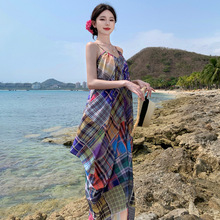三亚沙滩裙女夏格子印花泰国云南旅游裙子沙漠原出游度假连衣裙