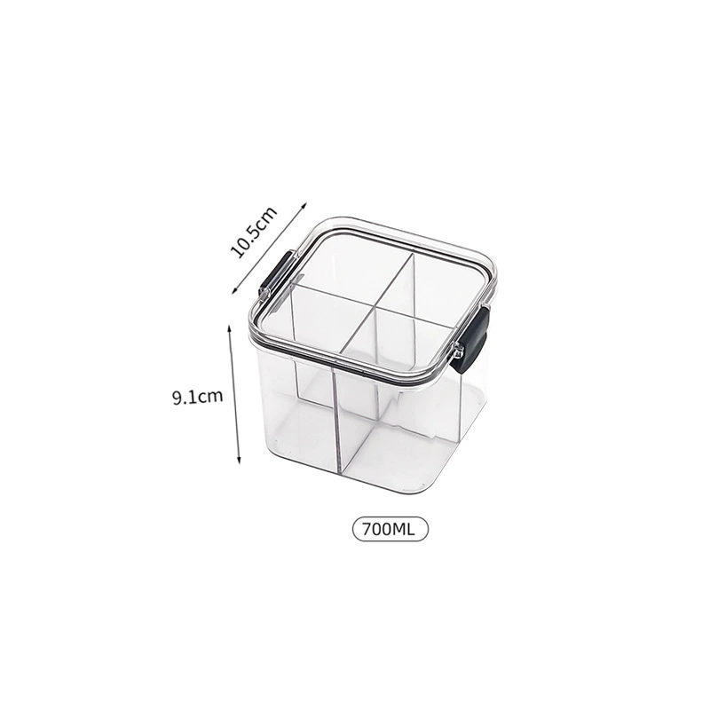 Plastic storage box, divided compartments, 700 ml or 680 ml options, clear snap‑lock lid