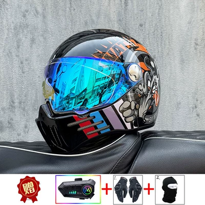 Motosiklet kaskı (dəbilqə): National Standard 3C Certified Retro - bright-blackforward-with-phantom-blue-night-vision-transparent-mirror-included-y10-soft-wheat-m