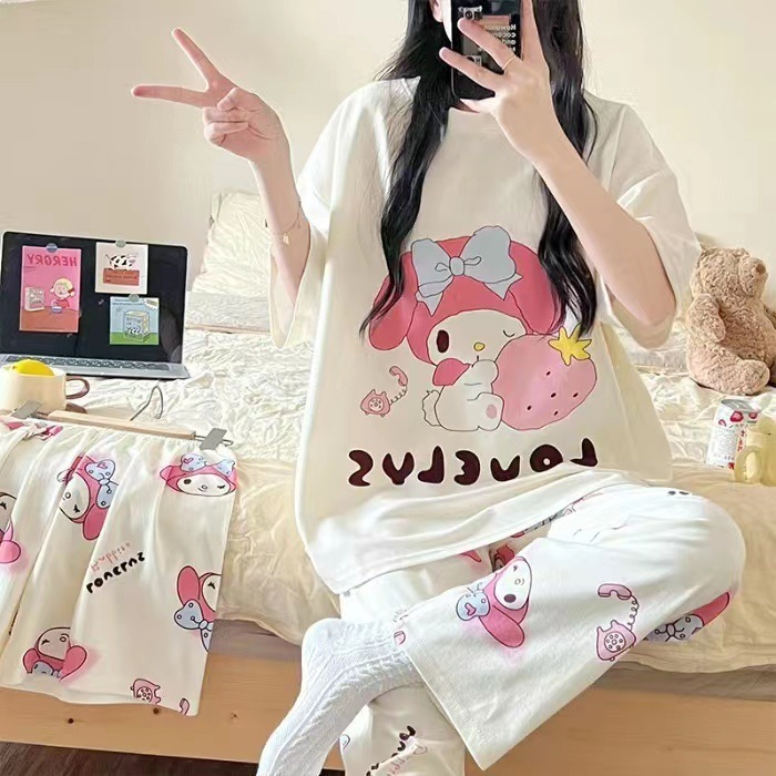 2025 nuevo pijama de mujer de verano delgado japonés pantalones de manga corta tres piezas set ropa de casa letras de verano
