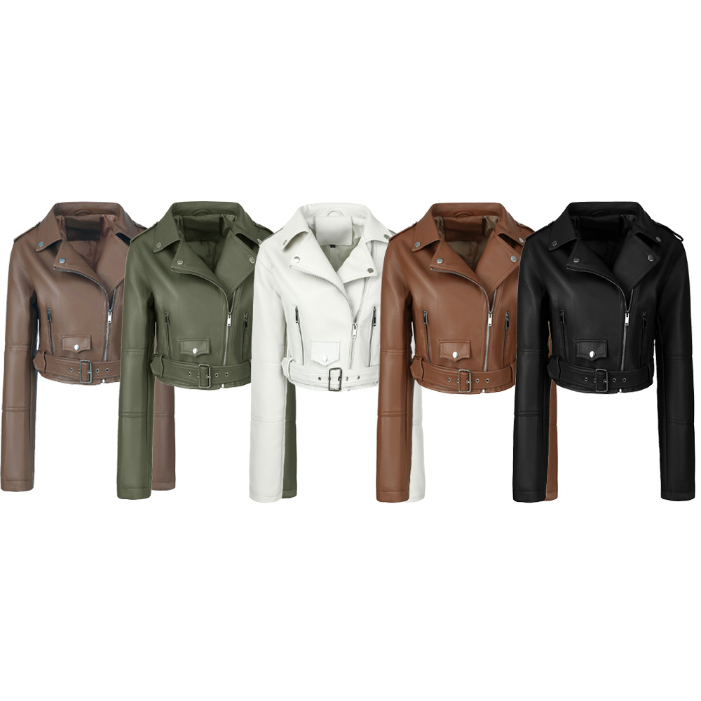 Cross-Border Plus-Size Women's Clothing: Short Pu Leather Jacket with Lapel, Zipper, Hem Belt, Slim-Fit Leather Coat, Biker Jacket