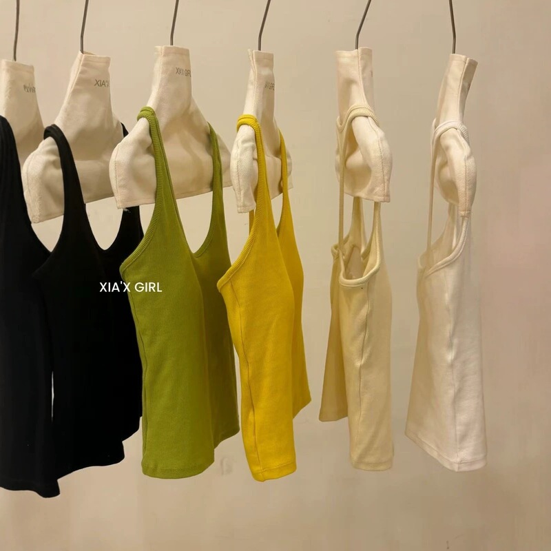 Xinjiang Cotton Fine Ribbed Racerback Anti-Pilling Integrated Bra Tank Top for Outerwear with Beautiful Back Cross Design and Exposed Back Straps