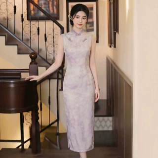 复古粉色新中式无袖2026新款提花旗袍女中长款气质优雅日常连衣裙