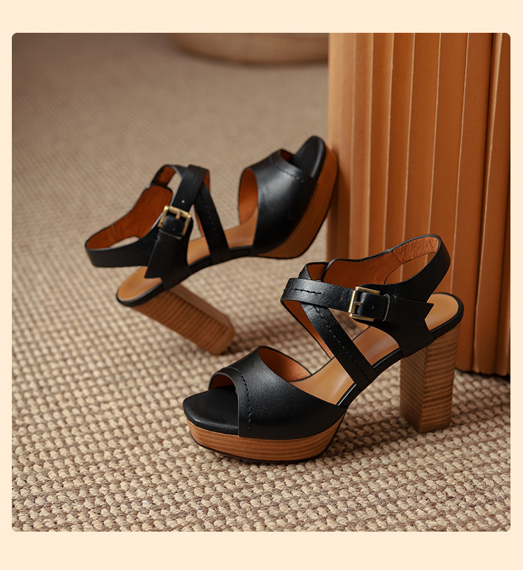 Sandal nữ mũi nhọn gót thô đế dày kiểu La Mã — Màu nâu chi tiết 14