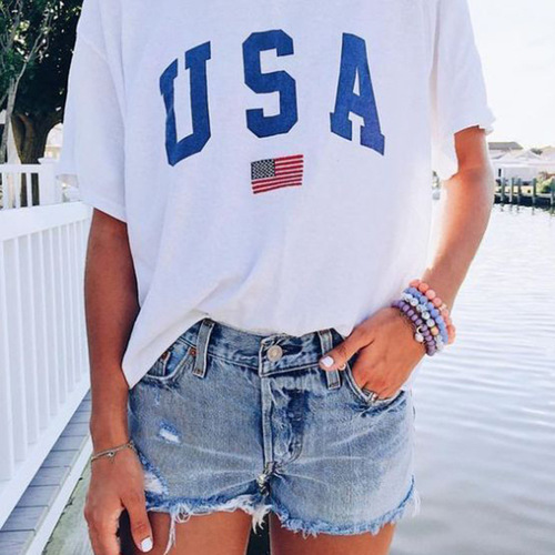 Harajuku Summer Women T-shirts Casual USA Flag Printed Tops
