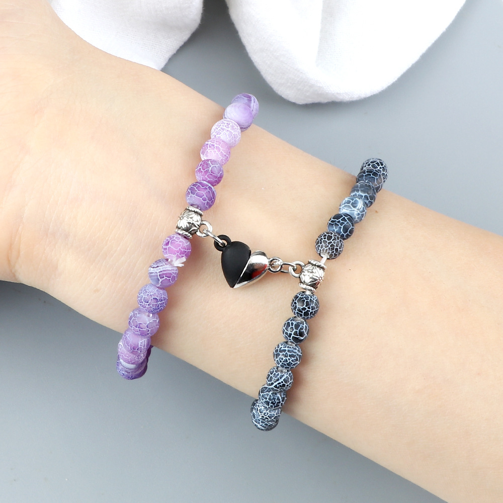 New Chinese style niche love couple set heart shaped magnetic buckle elastic bracelet simple versatile bead elastic bracelet_voghion.com