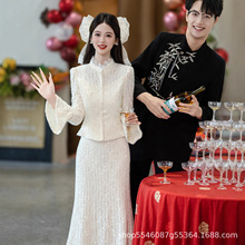 外贸新中式敬酒旗袍2025秋冬新款长袖重工复古两件套宴会礼服跨境